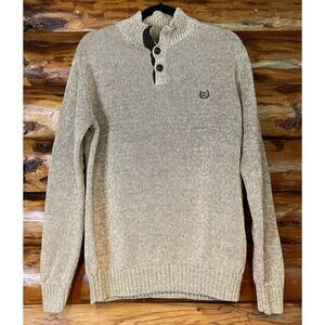 Chaps Pullover Sweater Beige W/Brown Elbow Pads Mens Size Small‎